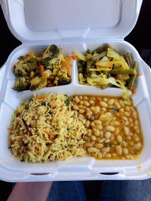 White beans, basmati rice, green beans with cabbage and broccoli with corn