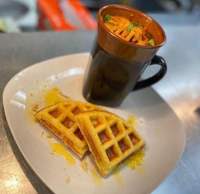 Our Mug of Chili with cornbread waffles.