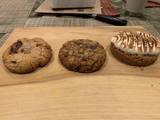 Chocolate chip pecan, oatmeal raisin, and s'more tart.