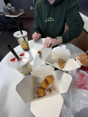 crab rangoons and fried gyoza!!! grapefruit boba tea of course ;)