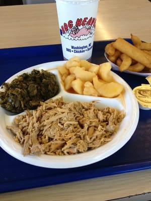 Pork Plate Dinner - pulled pork, red potatoes, collard greens, and hush puppies