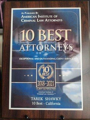 Named Top 10 Criminal Defense Attorney for three years straight for exceptional and outstanding client service.