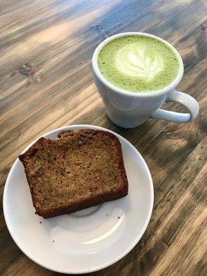 Carrot pound cake and a matcha latte