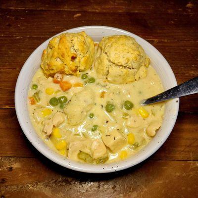 Chicken pot pie soup with dumplings & rosemary biscuits