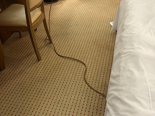 Extension cord, TRIP HAZARD, CPAP and phones were plugged into this, under the side of the bed.