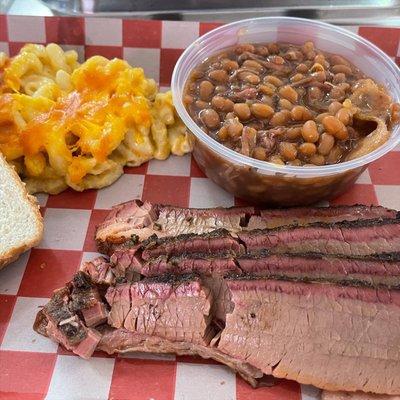 Freshly sliced brisket, smoked baked beans, homemade Mac & cheese