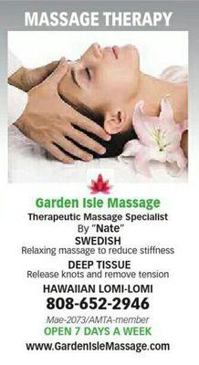 Deep tissue, Swedish or Lomi lomi Massage by Nate