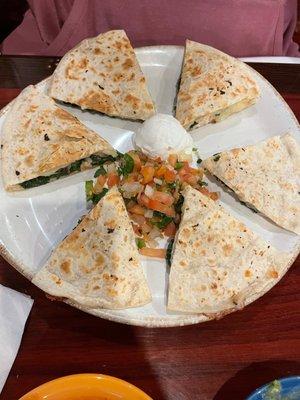 Chicken and Spinach Quesadilla - kind of bland, but they had this creamy, spicy green sauce I dipped it in which is very good!