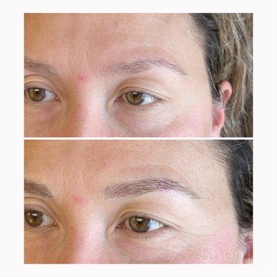 Extremely natural eyebrow tattoo by Sherri. before & after photo taken on the same day!