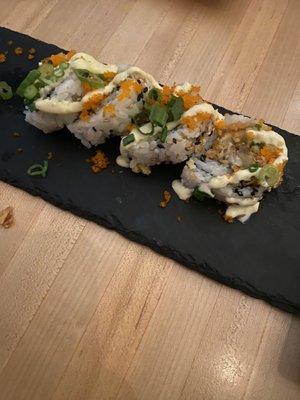 SAND-DOLLAR    soft shell crab, spicy salmon, wasabi aioli, cucumber, negi, masago