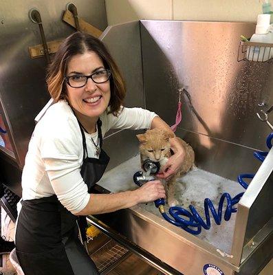 Erica and Moose, enjoying his warm water massage bath