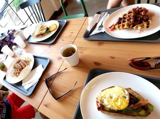 Avocado BLT, Gourmet Avocado Toast, Waffles with chocolate and strawberries, waffles with white chocolate syrup and whipped cream