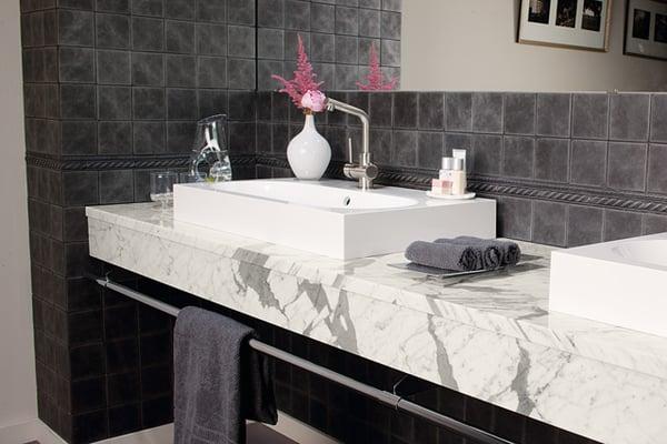 Photo features Marble Calacatta Gold Marble on the countertop.