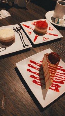 Raspberry Lemon Mousse, Triple Chocolate Mousse, and New York Style Italian Cheesecake