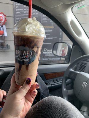 'Snickers' ice blended flavored coffee with an extra shot of espresso. I normally add java chips and extra caramel sauce.