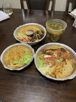 Chicken Soup. Mix Rice Bowl and Shrimp Quesadilla Grande