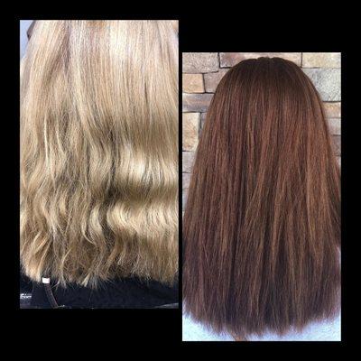 Color correction from an over processed blonde to a gorgeous dark red.