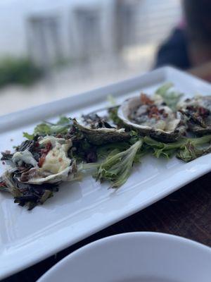 Illegal Grilled Oysters - house smoked bacon, breadcrumbs, minced baby collards, parmesan, drawn Irish butter (& onions)