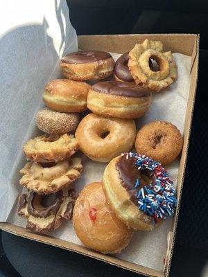 Dozen Donuts in flat box: Strawberry Jelly, Chocolate, Old Fashioned, Crumb...