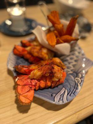 4 lobster tails with sweet potato fries