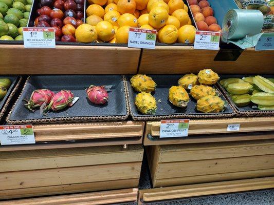 Dragon fruit varieties and star fruit in stock.