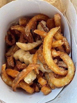 Crusty "curly fries" that didn't even fill a large container.