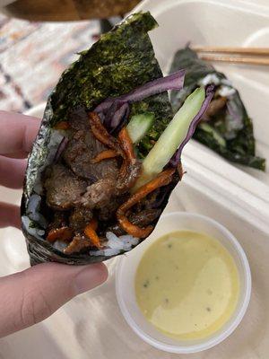 2 Pieces Bulgogi Handrolls (w/ a mustardy sauce)