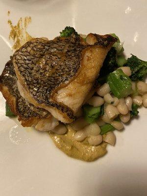 Fish of the day - black bass with beans and broccoli