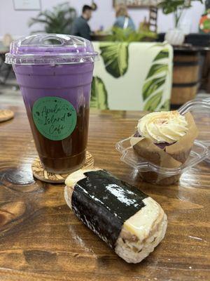 White chocolate macadamia nut iced latte with ube foam; taro cupcake with vanilla frosting and toasted coconut; spam musubi with egg