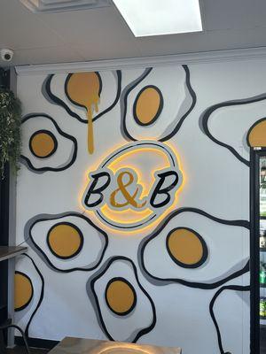 B&B logo on the wall of eggs