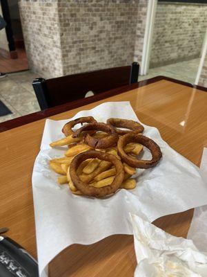 Fries and extra crispy rings.