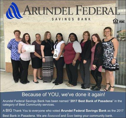 Arundel Federal Pasadena Branch voted 2017 Best Community Bank by Pasadena Voice Readers.