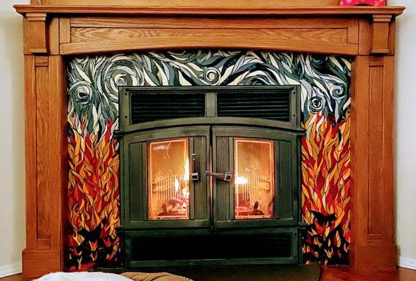 This is one of my favorite Mosaic site created. I called this flaming hot fireplace surround. The client had in his Mind's Eye the design.