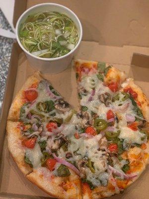 Spring Pho, and pizza w/ onions, jalapeños, tomatoes