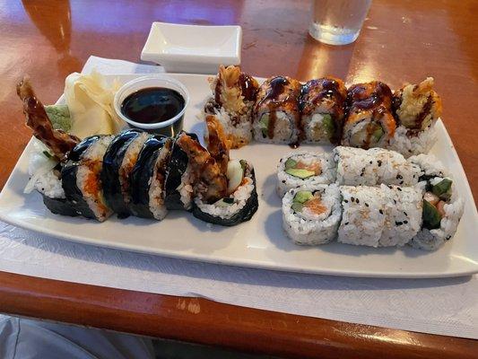 Mexican roll, spider roll and salmon roll with asparagus