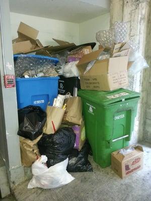 Trash in the garage of 2 Mint Plaza on a Sunday night (Feb. 24th, 2013). It gets smelly during the week-end.