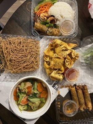 1. Egg roll  54. Grilled Shrimp, Pork and Egg Roll Rice Plate  32. House Chow Mein  6. Cheese Wontons  5. Thai Iced Tea