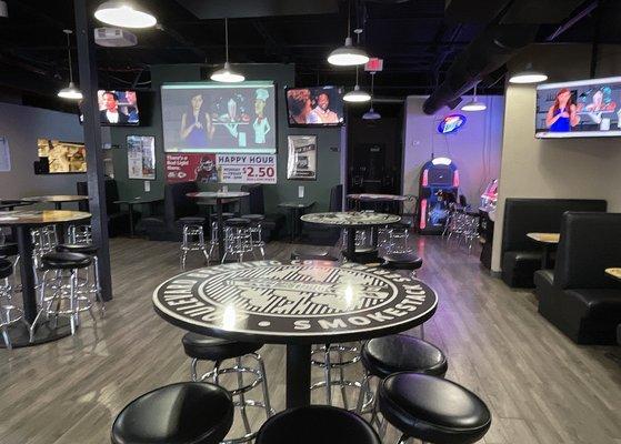 Half of the Main Dining Area (Bar Left, Kitchen Back Left, Games Back Right, Booths Right)