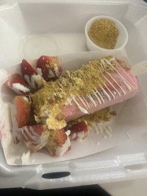 Strawberry paleta with cream cheese and white chocolate drizzle and dip