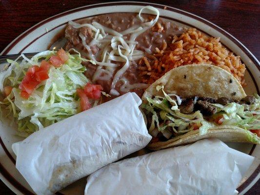 Steak taco dinner. Tacos come to the table wrapped.