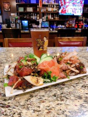 Our Poke Combo (Fresh Ahi Poke & Spicy Kajiki Poke) paired with Side Street's Rogue Beer!