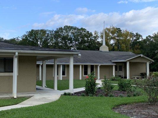 View of the grounds and chapel entrance