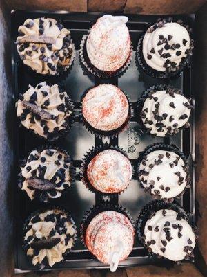 Chocolate Chip Cookie Dough, Red Velvet, White Midnight Magic Cupcakes (left to right)