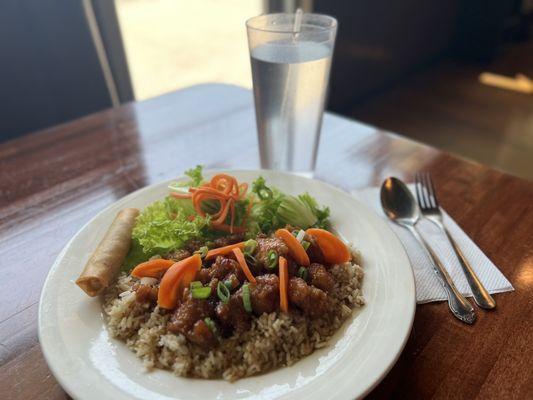 Orange Chicken over fried rice with an order of (1) Vietnamese eggroll.