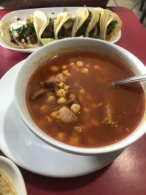 Pozole with lots of pork y hominy(I believe)