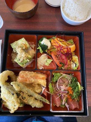 Veggie tempura, firecracker roll, tuna poki bento box