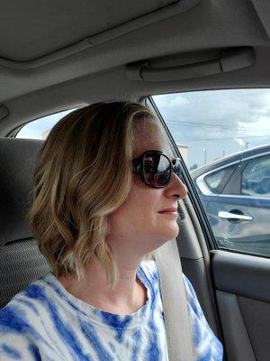 Cut off about 3 inches, slight angle for a cooler summer feel, highlights, and style.