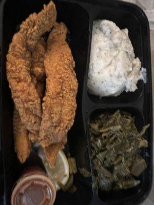 Fish, mashed potatoes and greens