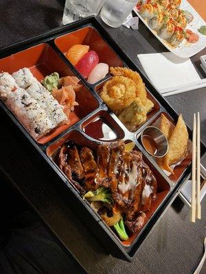 Dinner bento box: three pieces of nigiri, tempura veggies, crab Rangoon, sushi roll and beef teriyaki