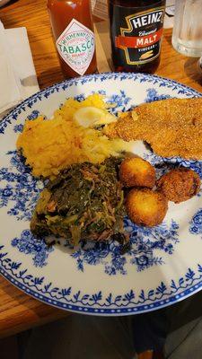 Catfish, turnip greens? Hashbrown casarole and hushpuppies